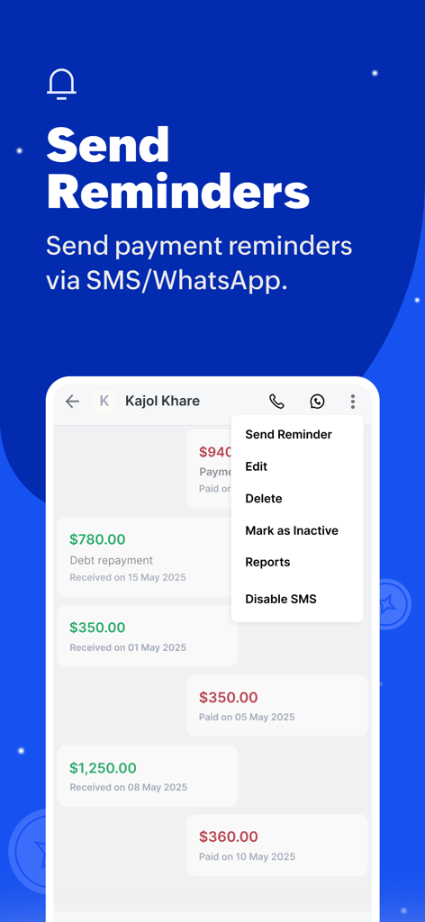 Zoho Daybook - Ledger Book - Interface do aplicativo Zoho Daybook mostrando como enviar lembretes de pagamento via SMS e WhatsApp