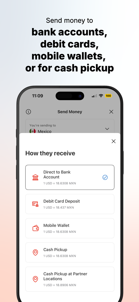 MoneyGram® Money Transfers App - L'interface de l'application MoneyGram présente différents moyens de recevoir de l'argent, notamment le dépôt bancaire et le retrait d'espèces.