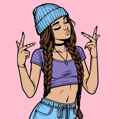 realistic teenage girl with braids and a beanie and crop top doing 🫶🏼