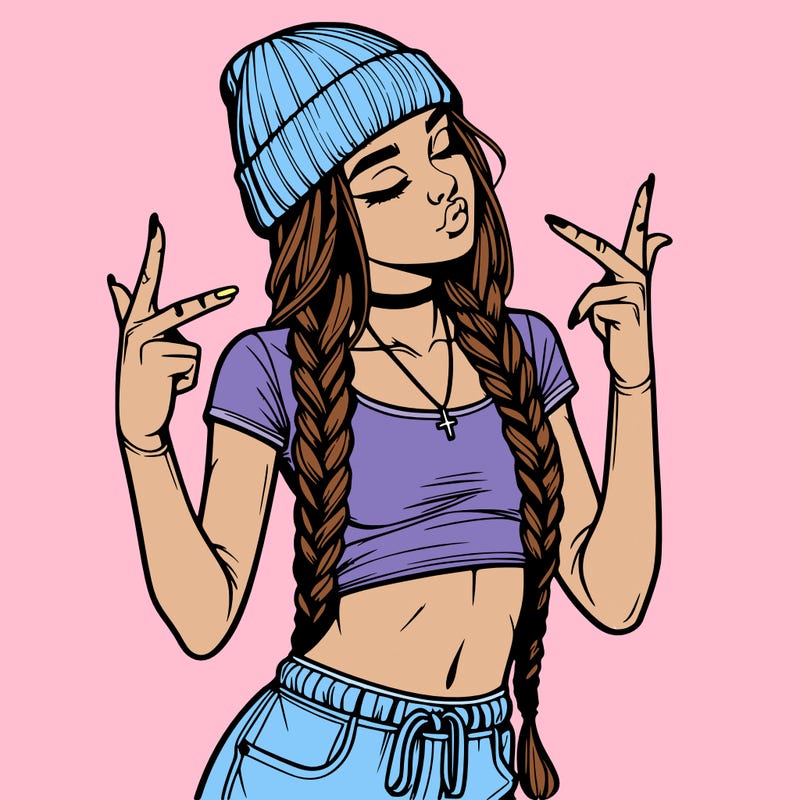 realistic teenage girl with braids and a beanie and crop top doing 🫶🏼