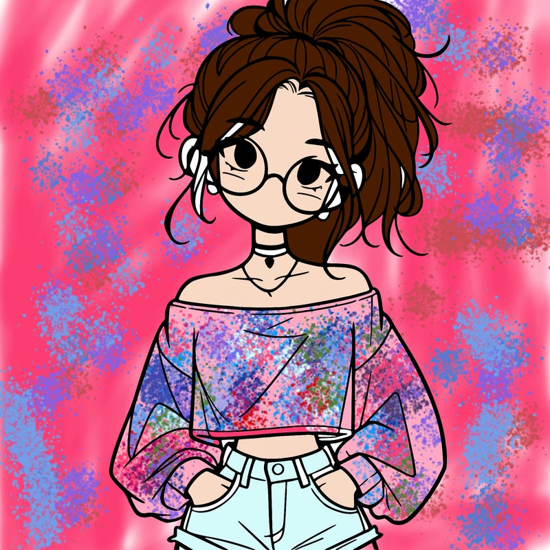 girl with a messy ponytail glasses a baggy crop top and jean shorts