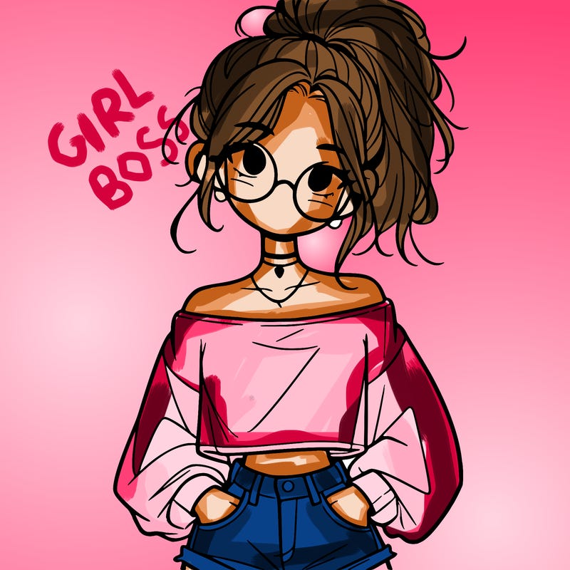 girl with a messy ponytail glasses a baggy crop top and jean shorts