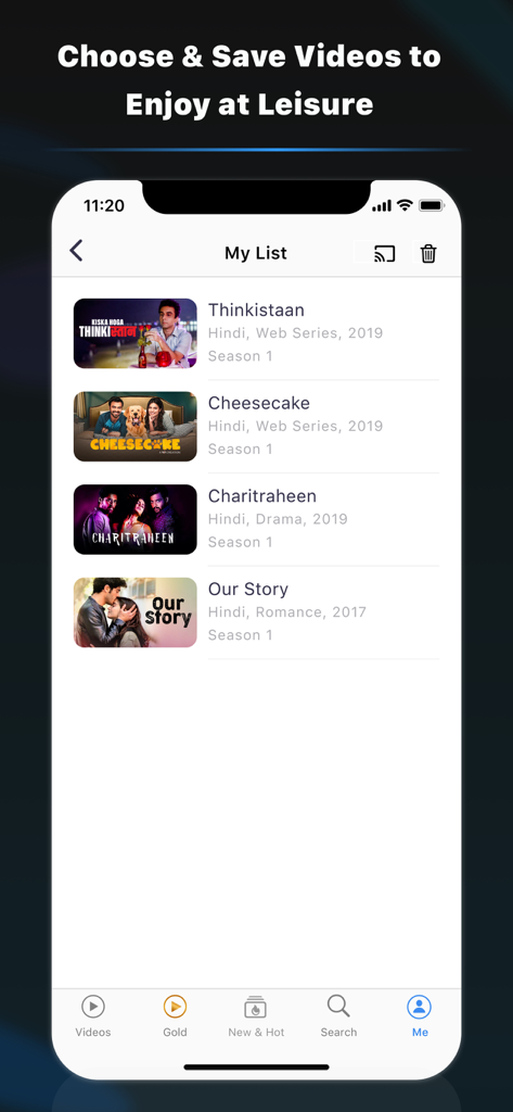 MX Player - Captura de pantalla de la aplicación MX Player que muestra la función Mi Lista con una colección curada de series web y dramas indios guardados.