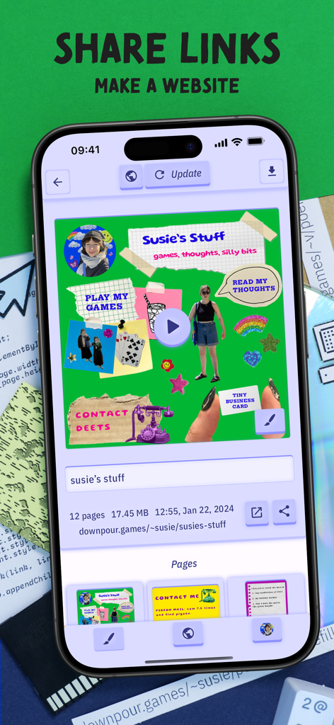 Downpour — make a game - A mobile screen showing a digital collage website created in the Downpour app with a shareable link