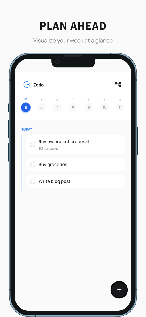 Zodo - Interfaz minimalista del planificador semanal de la aplicación Zodo