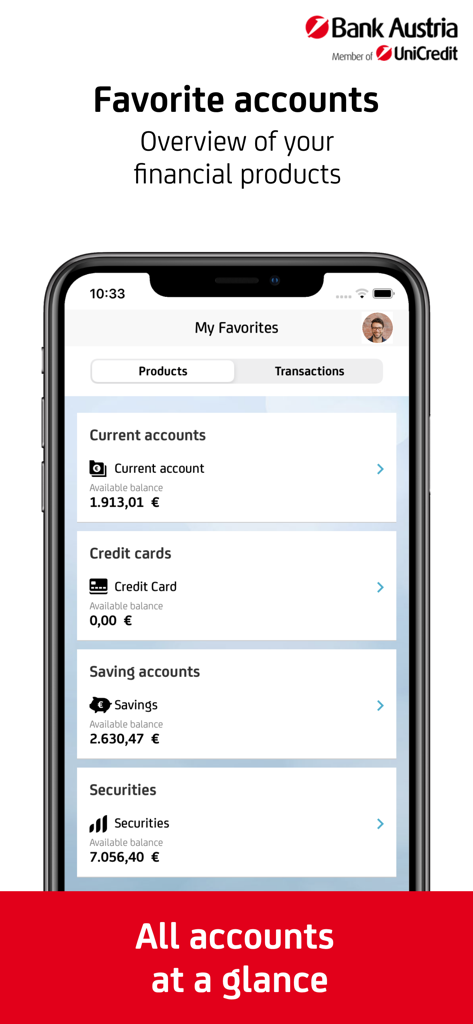 Bank Austria BusinessNet - Overview of favorite accounts and financial products in the Bank Austria BusinessNet app.