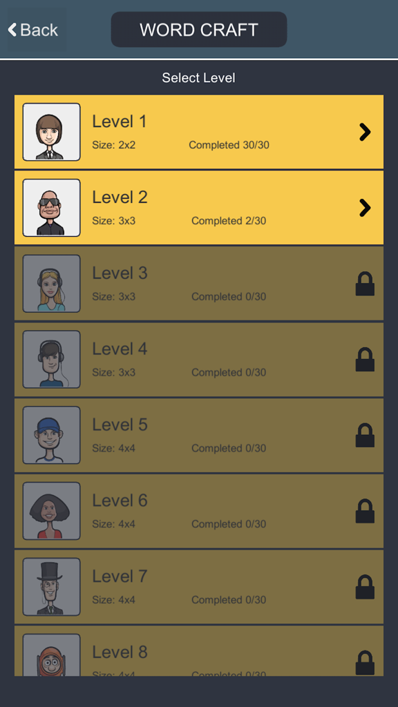 Word Craft - Word Game: Puzzle One’s Brains & Fun - Pantalla de selección de nivel de Word Craft que muestra los niveles completados y el progreso bloqueado con avatares de personajes