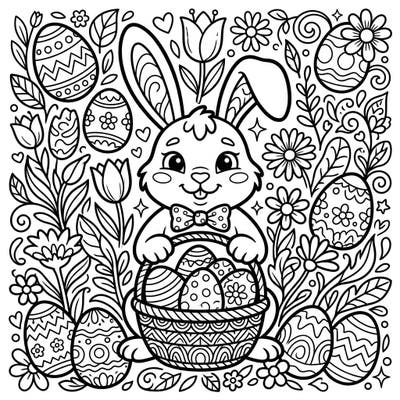 Bring the joy of Easter to life with this delightful coloring page featuring a charming cartoon Easter bunny holding a basket of beautifully patterned eggs. Surrounded by an abundance of spring flowers and intricate designs, this template promises hours of creative fun for all ages.
