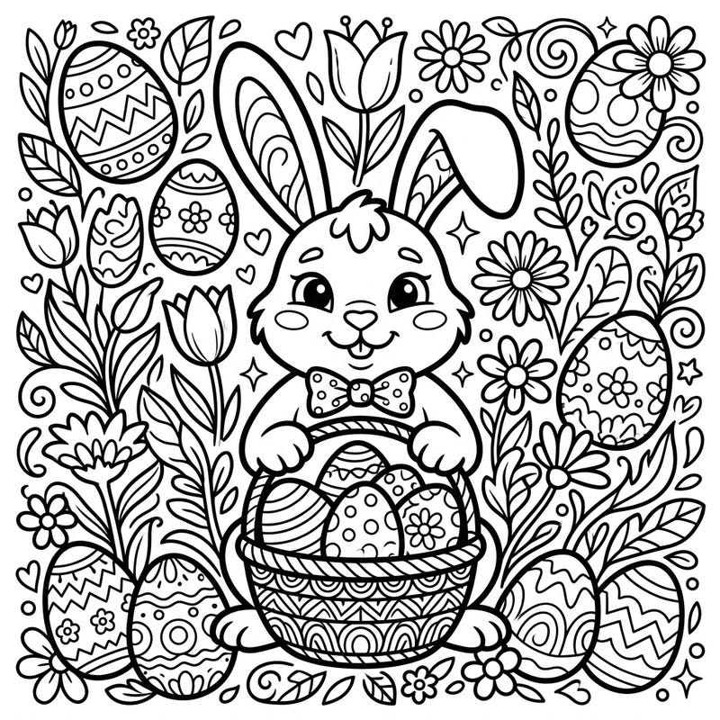 Bring the joy of Easter to life with this delightful coloring page featuring a charming cartoon Easter bunny holding a basket of beautifully patterned eggs. Surrounded by an abundance of spring flowers and intricate designs, this template promises hours of creative fun for all ages.