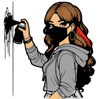 realistic girl with mask spray painting a wall