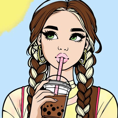 realistic girl with braided hair drinking boba