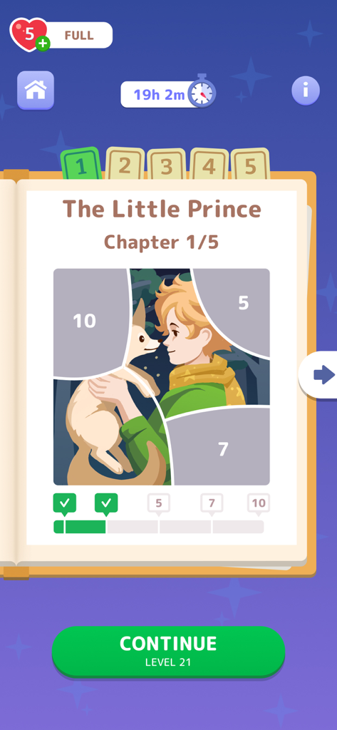 Cryptogram: Word Puzzles Games - Cryptogram app screen showing a collectible picture puzzle of The Little Prince with progress markers