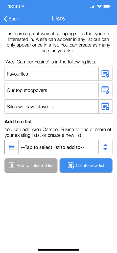 Mobile app screen for organizing and managing custom campsite lists