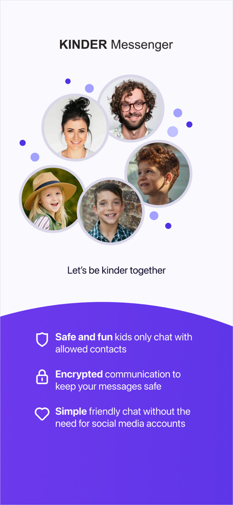KINDER Messenger interface showing a family group with safety and encryption features highlighted.
