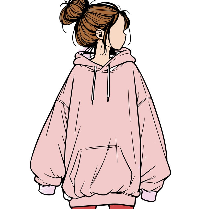realistic girl with a oversized sweatshirt on and a bun