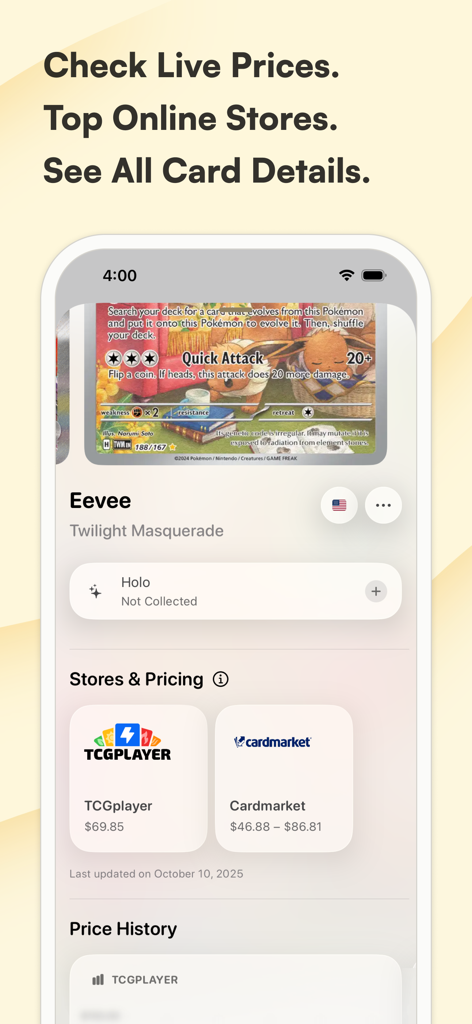 Sfera: for TCG collectors - Sfera app interface showing live market prices and details for an Eevee Pokemon card