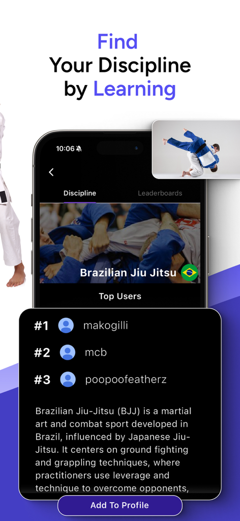 App interface displaying Brazilian Jiu Jitsu discipline information and a list of top ranked users