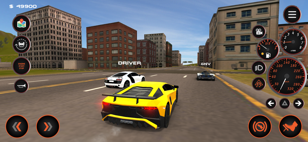 Gameplay screenshot of Carshift showing a yellow sports car driving through a city with realistic dashboard controls and UI.