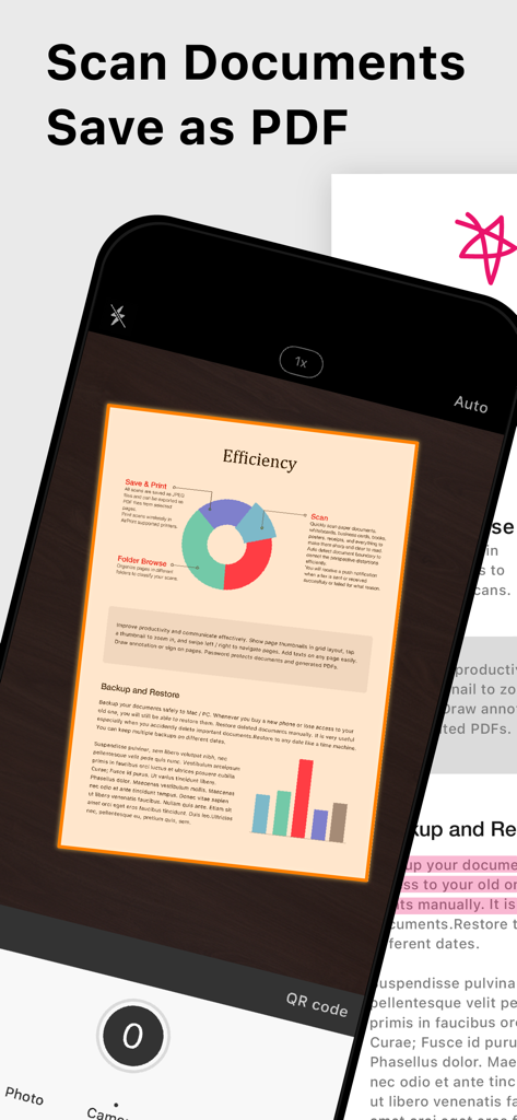 Un smartphone usando la aplicación Doc Scan para capturar y guardar un documento como PDF.