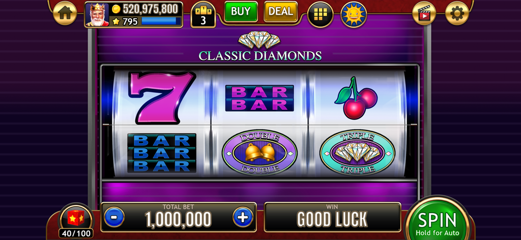 777 Classic Slots Galaxy - Gameplay screenshot of the Classic Diamonds 3-reel slot machine in 777 Classic Slots Galaxy mobile app