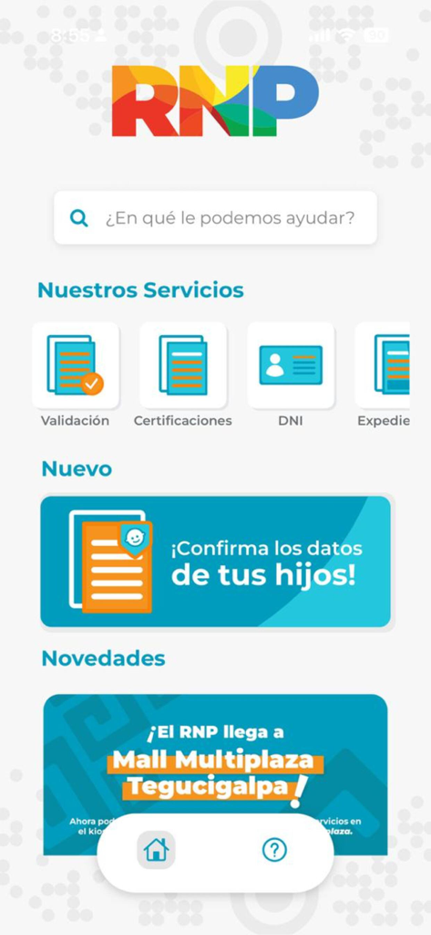 RNP MOVIL - Main interface of RNP MOVIL app displaying services for document validation certifications and DNI