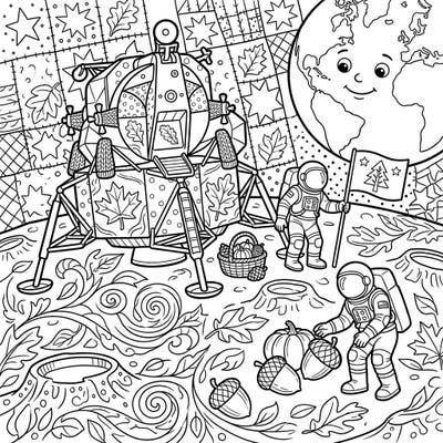 Embark on an out-of-this-world coloring journey with this unique Moon Landing scene, beautifully intertwined with the cozy spirit of Autumn. Astronauts explore a lunar landscape adorned with falling leaves, pumpkins, and harvest delights.