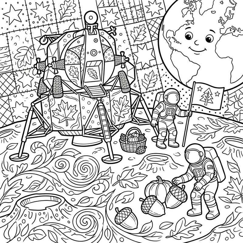 Embark on an out-of-this-world coloring journey with this unique Moon Landing scene, beautifully intertwined with the cozy spirit of Autumn. Astronauts explore a lunar landscape adorned with falling leaves, pumpkins, and harvest delights.