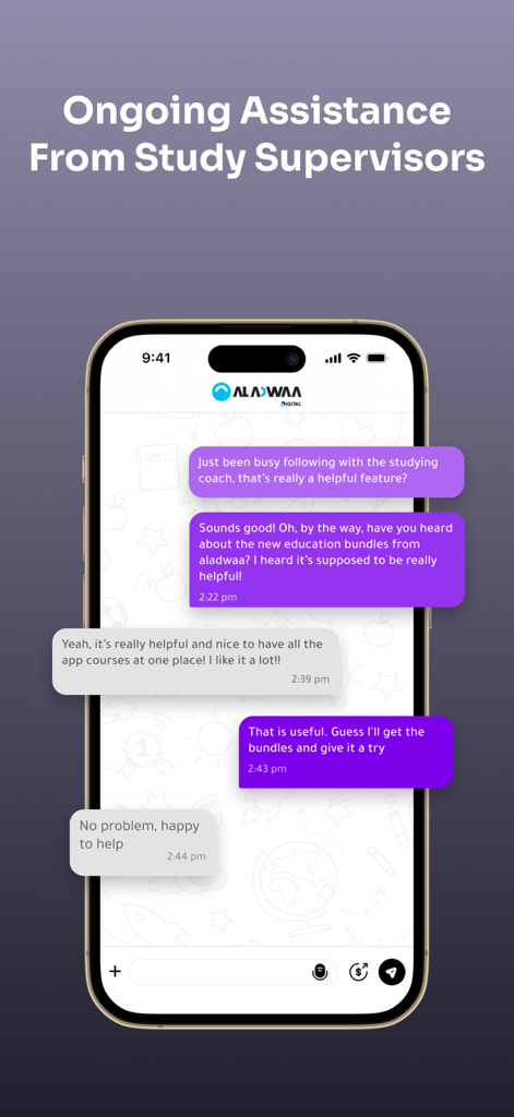 Aladwaa Education - Aladwaa Education app chat interface for ongoing assistance from study supervisors
