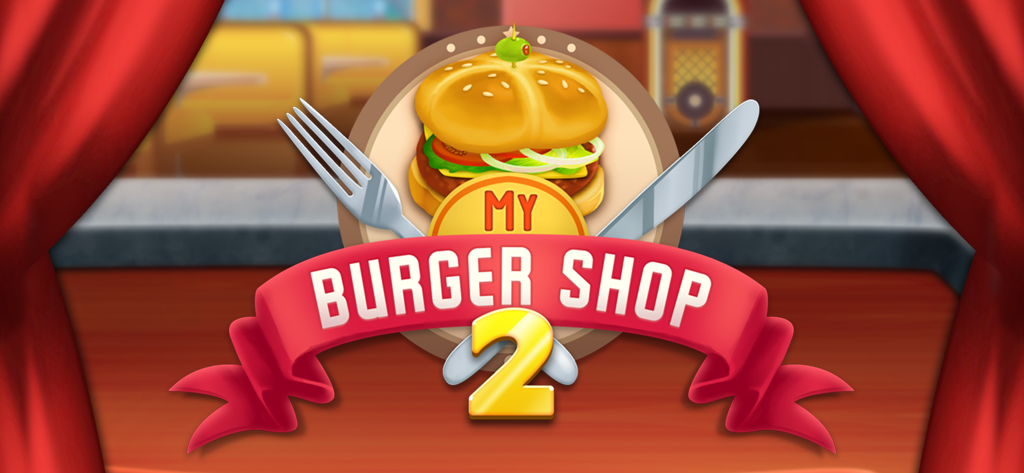 Schermata del titolo di My Burger Shop 2 con un grande hamburger e un banner rosso