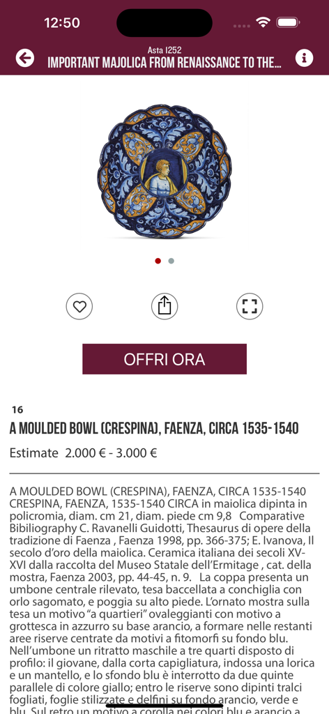 Pandolfini Live - Renaissance ceramic bowl auction listing in Pandolfini Live app