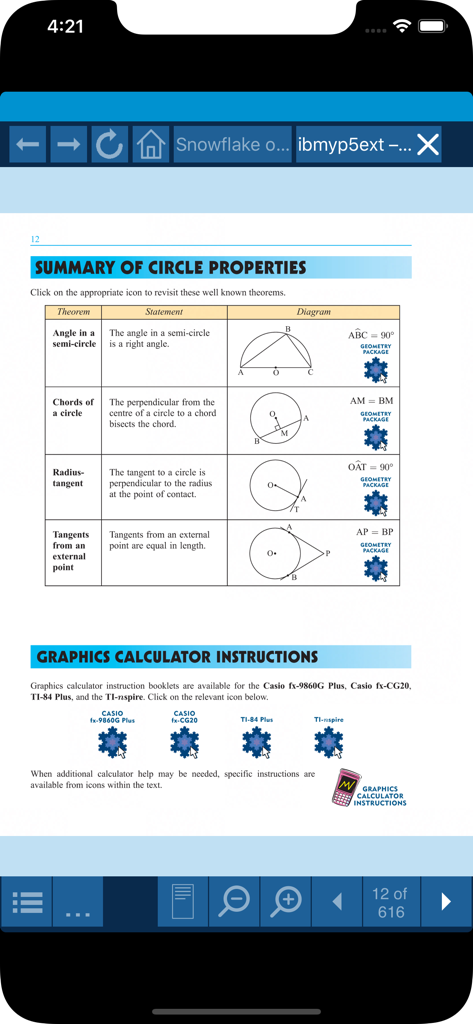 Snowflake app displaying circle property theorems and graphics calculator instructions from a Haese Mathematics e-textbook.