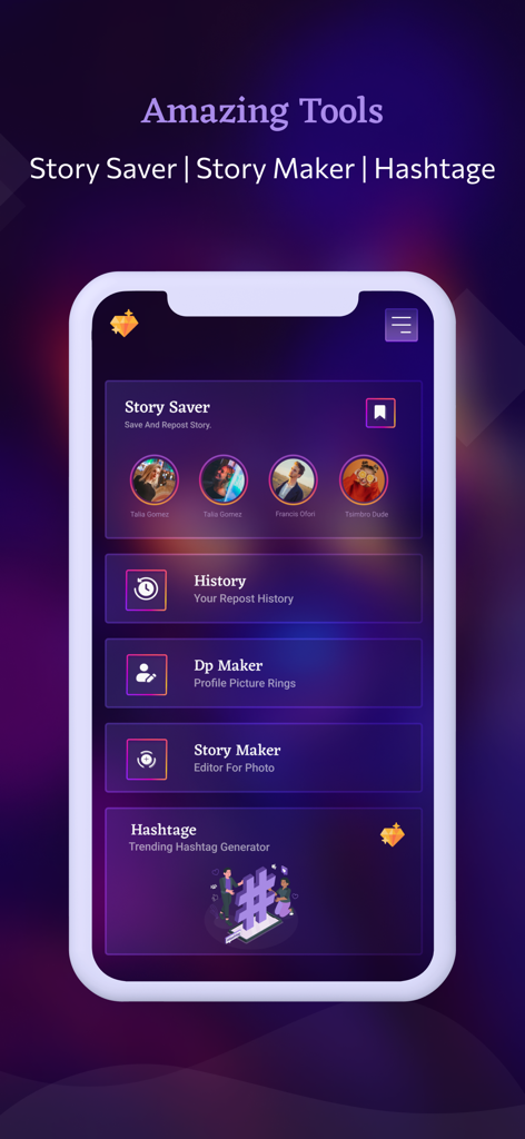 Story Savers : InStory - Main dashboard of Story Savers InStory app showing tools for story saving profile picture rings and hashtags