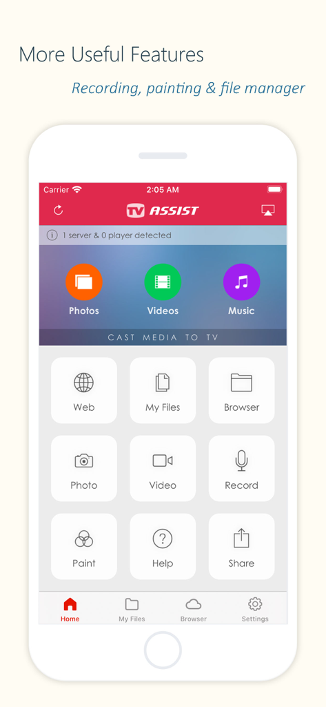 iPhoneのTV Assistアプリのメイン画面に、スマートTVへの写真、ビデオ、音楽のキャストオプションが表示されています