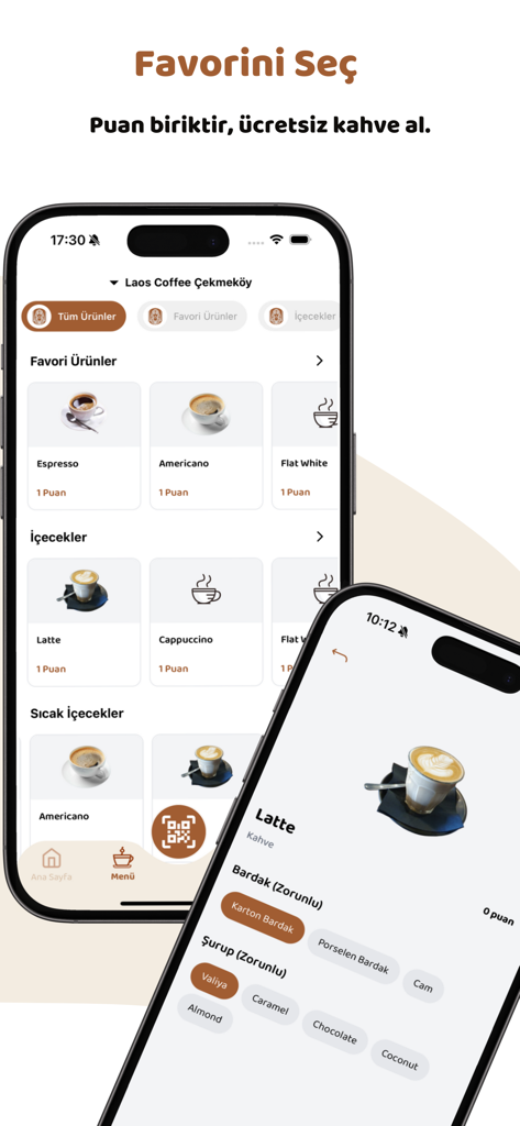 Laos Coffee - Telas do aplicativo Laos Coffee mostrando a seleção do menu e a personalização da bebida com recompensas de pontos de fidelidade