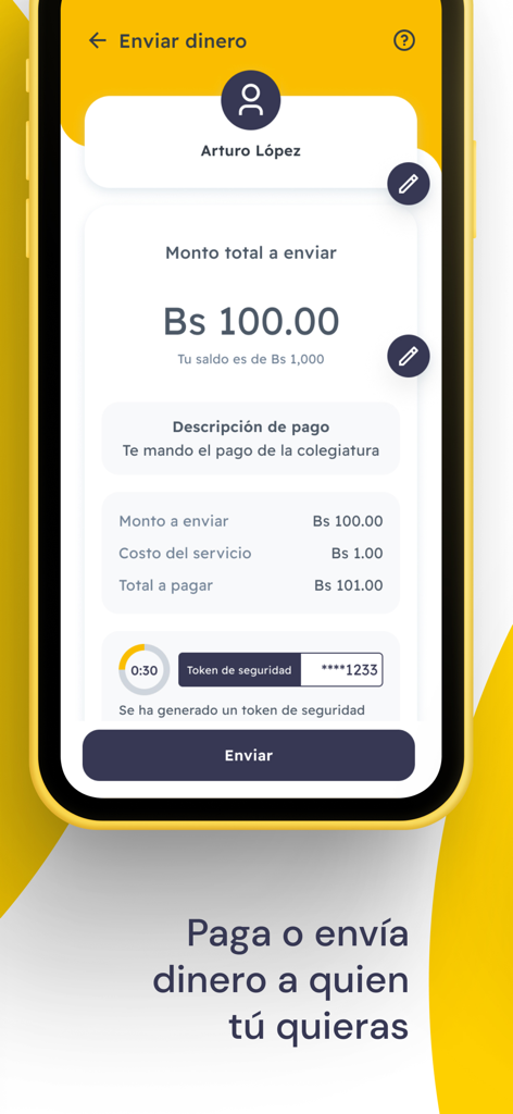 Tigo Money Bolivia - Tigo Money Bolivia app interface showing a money transfer transaction