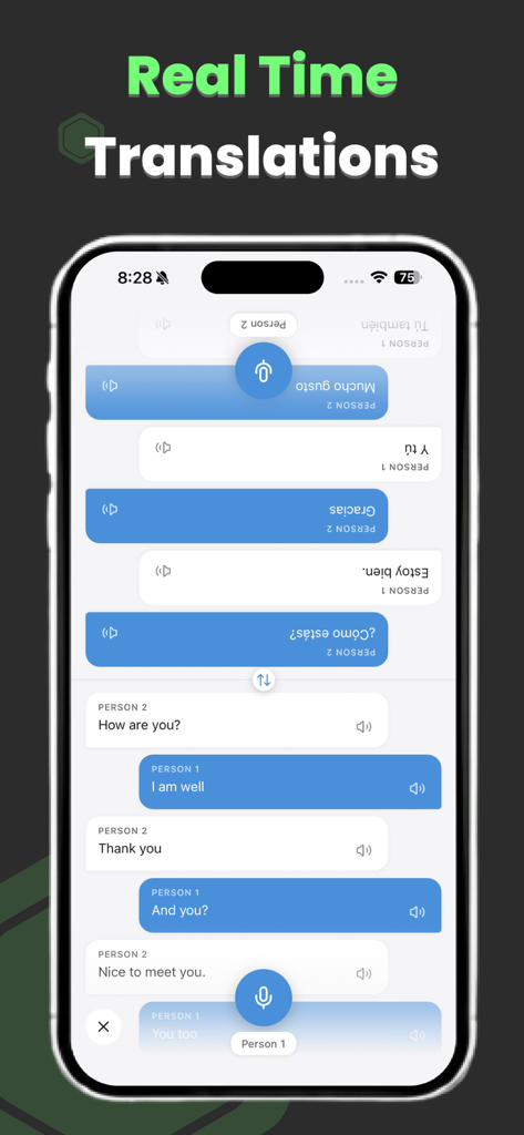 Real Time Translator -RTT Live - リアルタイム翻訳アプリの対面モード。双方向会話のための分割画面が表示されています。