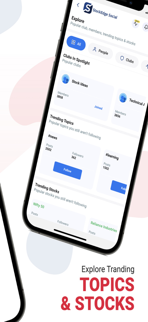트렌드 인도 주식 및 투자 클럽이 포함된 탐색 섹션을 보여주는 StockEdge Social 앱 인터페이스.