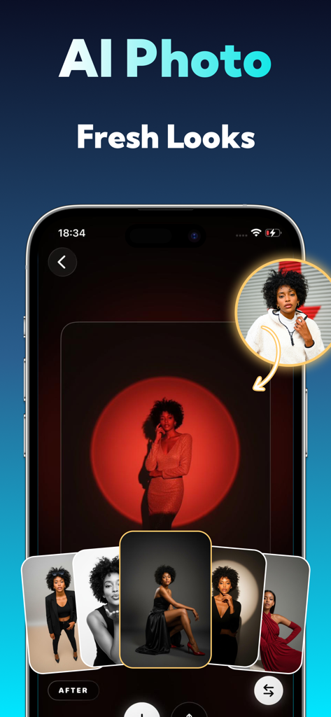 AI Photo Editor: Pixartia - Interface do aplicativo móvel Pixartia mostrando a selfie de uma mulher transformada em vários retratos cinematográficos de qualidade de estúdio usando IA
