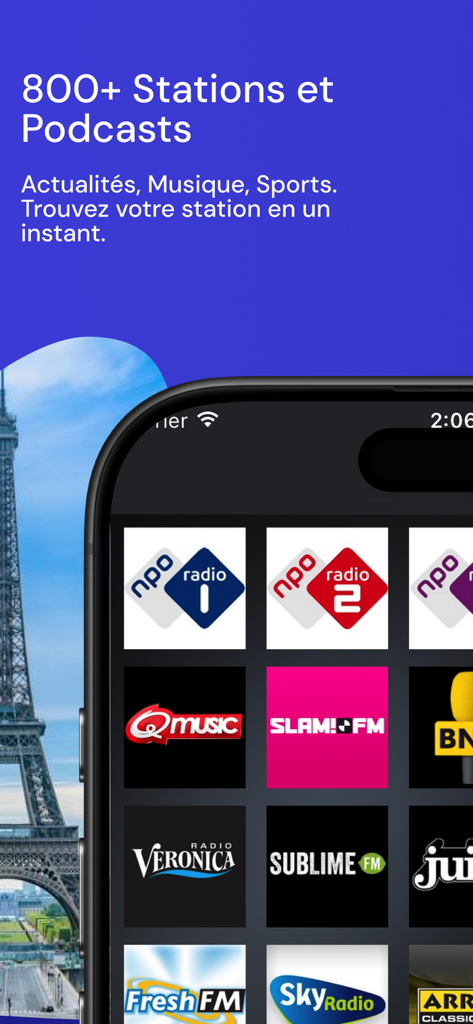 Radio FM mobile app showing a grid of radio station icons and the Eiffel Tower in the background