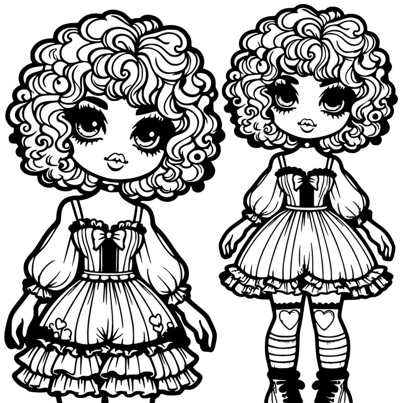 female with an hourglass waist,short fluffy and curly hair and sweet soft eyes with fluffy lashes, and a soft smile with lipstick,wearing a ruffled corset a cute short kawaii overall skirt with a hello kitty pattern and mismatch heart and stripe socks and doll platform shoes