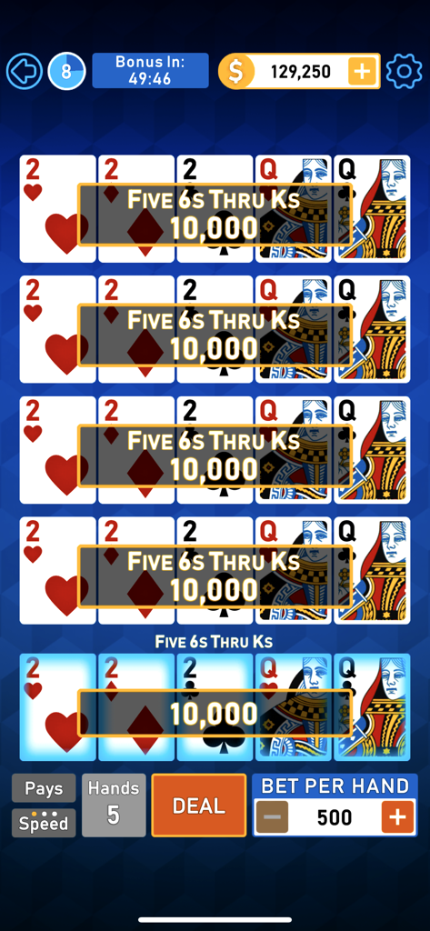 Video Poker Multi Bonus - Screenshot of Video Poker Multi Bonus showing five simultaneous winning hands in portrait mode