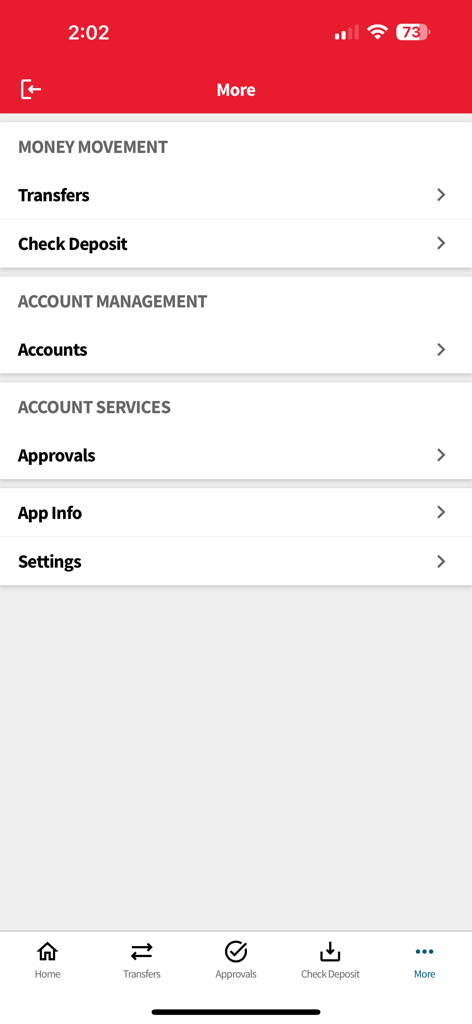 BHI Connect mobile app menu showing money movement and account management features