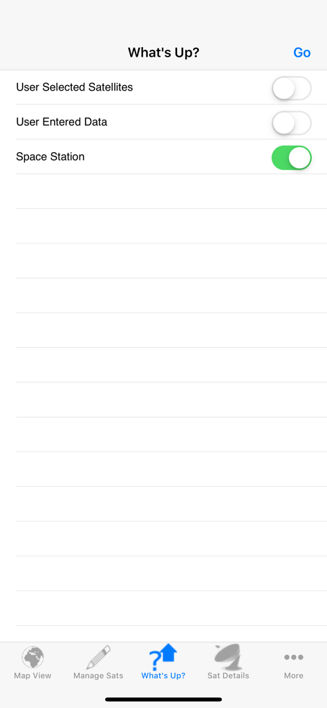 The What's Up screen of the Satellite Tracker app showing toggle switches for User Selected Satellites and Space Station tracking