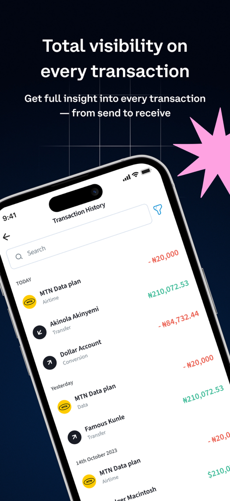Gigbanc - Mobile app interface showing Gigbanc transaction history with detailed logs of transfers and airtime purchases.