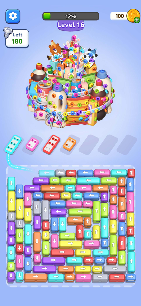 Screw Escape 3D - Car Out Jam - A colorful 3D puzzle game interface showing objects secured by screws and a grid of arrow blocks at the bottom