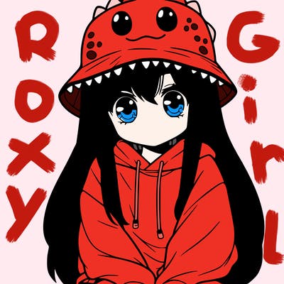 girl with anime shaped eyes with a dinosaur bucket hat oversized sweatshirt long straight hair