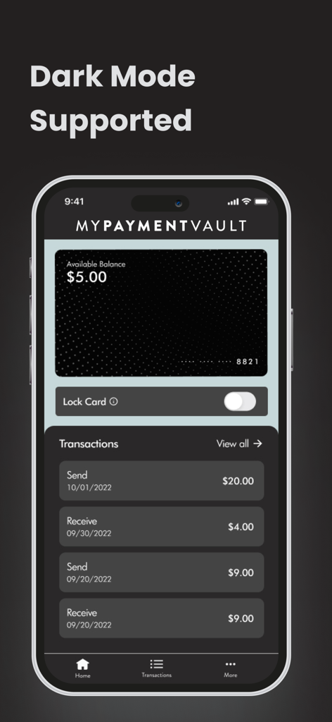 MyPaymentVault app dashboard in dark mode showing available balance and recent transactions