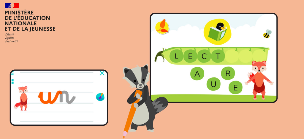 Corneille : reading in French - Corneille app interface showing children's French cursive writing practice and word-building games