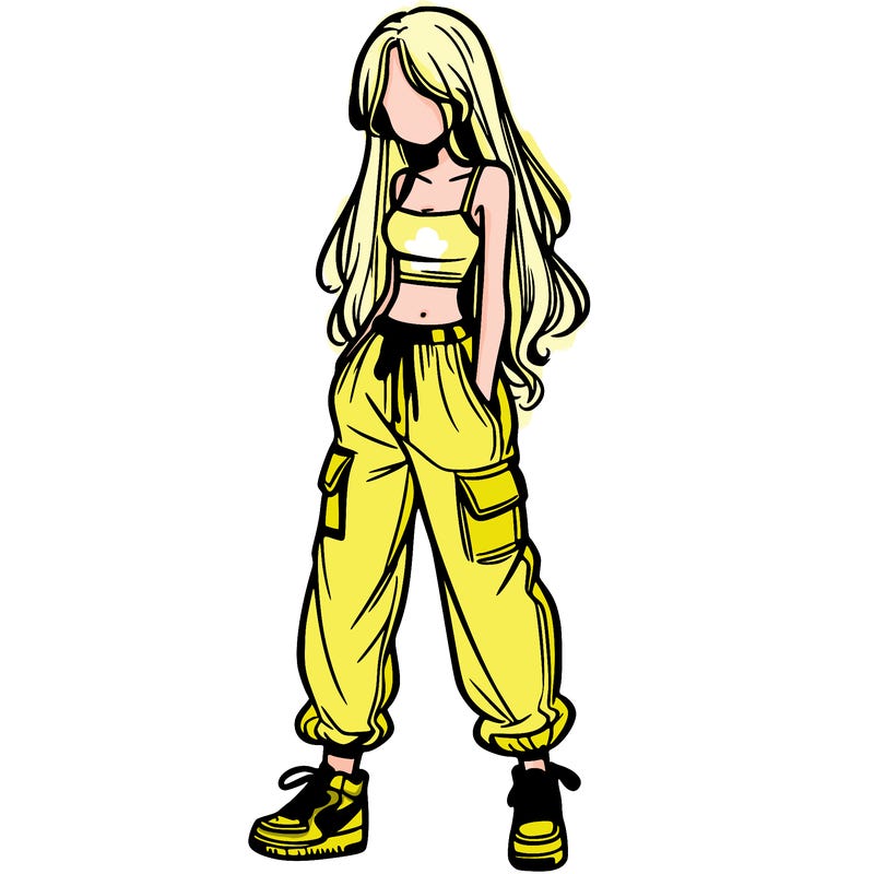 girl in baggy pants crop top and long hair