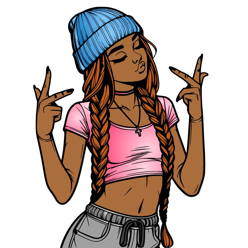 realistic teenage girl with braids and a beanie and crop top doing 🫶🏼